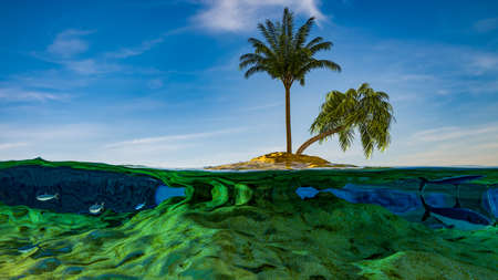 Travel and vacation. Landscape over and under water surface, tropical island shore with natural trench into the fore reef split by waterline. 3d renderingの写真素材