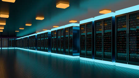 Server room data center. Backup, mining, hosting, mainframe, farm and computer rack with storage...