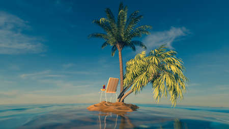 Travel. Recreation concept. Tropical island in the middle of the ocean with palm trees, beach chair and cocktail. 3d renderingの写真素材