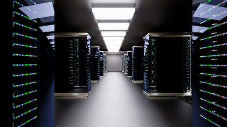 Server room data center. Backup, mining, hosting, mainframe, farm and computer rack with storage...