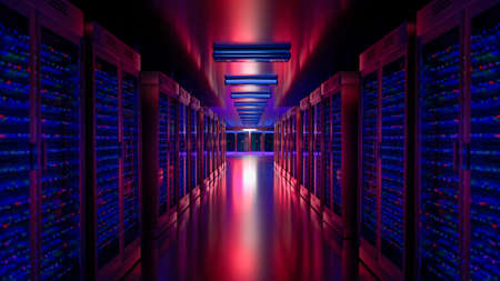 Server room data center. Backup, mining, hosting, mainframe, farm and computer rack with storage...