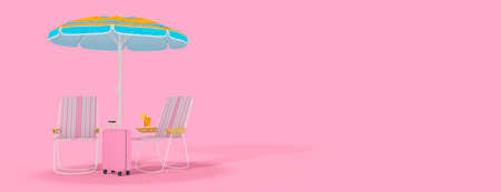 Summer vacation concept. Beach umbrella, chairs and cocktail on pink background with copyspace. 3d renderingの写真素材