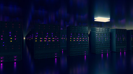 Server. Server room data center. Backup, mining, hosting, mainframe, farm and computer rack with storage information. 3d renderの写真素材