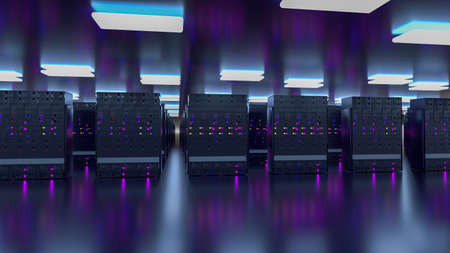 Server. Server room data center. Backup, mining, hosting, mainframe, farm and computer rack with storage information. 3d renderの写真素材
