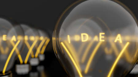 Light bulbs with shining fibres in shapes of IDEA concept related words on black background. 3d renderingの写真素材