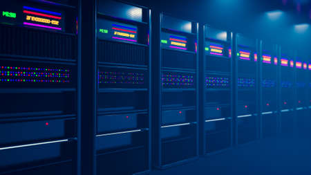 Server room data center. Backup, mining, hosting, mainframe, farm and computer rack with storage...