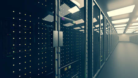 Server. Server room data center. Backup, mining, hosting, mainframe, farm and computer rack with...