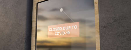 Closed Sign on Shop Window. Store sign. Close-up on a closed sign in the window of a shop displaying the message. The glass reflects the day city and the sky. 3d renderingの写真素材