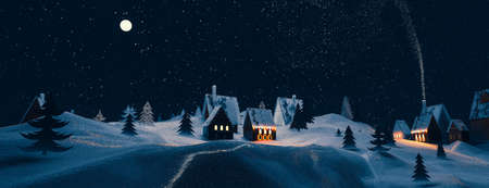 Magic Christmas village. Night sky with snow. Winter festive blue background. Christmas card. Multi-colored garlands. Flashlights. 3d renderingの写真素材