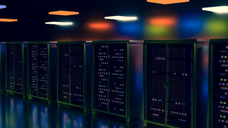 Servers. Servers room data center. Backup, mining, hosting, mainframe, farm and computer rack with storage information. 3d renderの写真素材