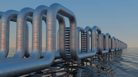 steel long pipes in crude oil factory on water. 3d renderingの写真素材