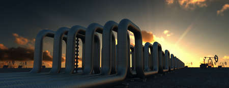 steel long pipes in crude oil factory during sunset. 3d illustrationの写真素材