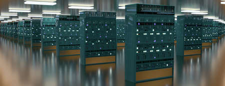 Servers. Servers room data center. Backup, mining, hosting, mainframe, farm and computer rack with...