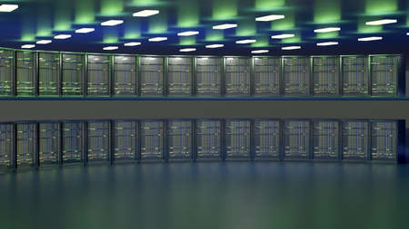 Servers. Servers room data center. Backup, mining, hosting, mainframe, farm and computer rack with...
