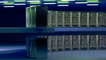 Servers. Servers room data center. Backup, mining, hosting, mainframe, farm and computer rack with...