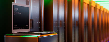 Servers. Servers room data center. Backup, mining, hosting, mainframe, farm and computer rack with storage information. 3d renderingの写真素材