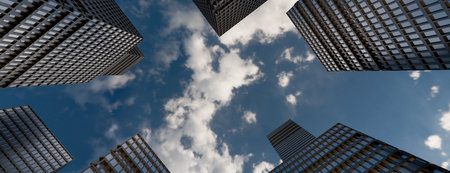 Glass buildings with cloudy blue sky background. Business concept of industry tech architecture. 3d...
