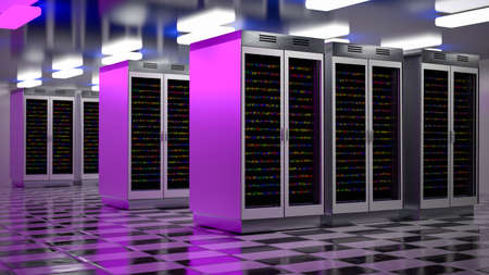 Servers. Servers room data center. Backup, mining, hosting, mainframe, farm and computer rack with storage information. 3d renderingの写真素材