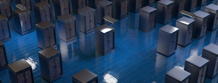 Server room. Server data center. Backup, mining, hosting, mainframe, farm and computer rack with...