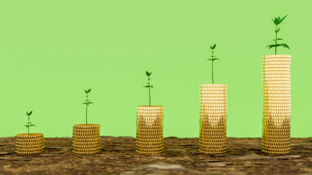 The coins are stacked on the ground and the seedlings are growing on top, the concept of saving...