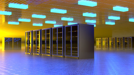 Server room. Server data center. Backup, mining, hosting, mainframe, farm and computer rack with...