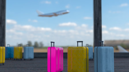 Suitcases in airport. Travel concept. 3d renderingの写真素材