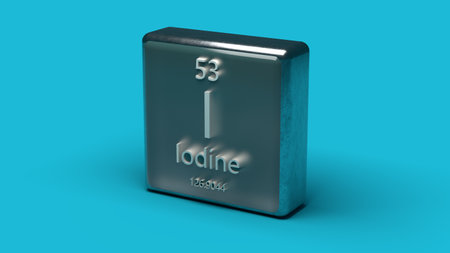 Iodine element from the periodic table series. Metallic icon set on blue background. 3d renderingの写真素材