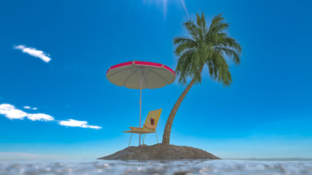 Travel. Recreation concept. Tropical island in the middle of the ocean with palm trees, deck chair and suitcase. 3d renderingの写真素材