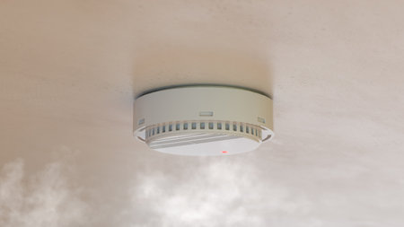Smoke detector mounted on roof in apartment. 3d renderingの写真素材