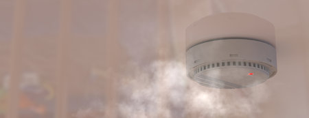 Smoke detector mounted on roof in apartment. 3d renderingの写真素材