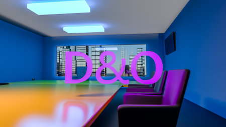 D and O. Directors and officers liability Insurance concept. Directors office with a large table and skyscrapers outside the window. 3d renderingの写真素材