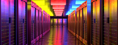Server room. Server data center. Backup, mining, hosting, mainframe, farm and computer rack with...