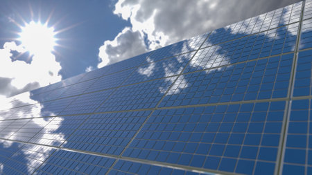 Solar panel background of photovoltaic modules for renewable energy. Clouds and blue sky in mirror....