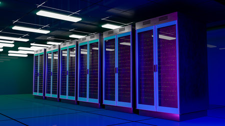 Servers. Servers room data center. Backup, mining, hosting, mainframe, farm and computer rack with...