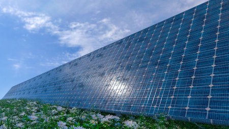 Solar panel background. Sun Above the Solar Farm. 3d renderingの写真素材