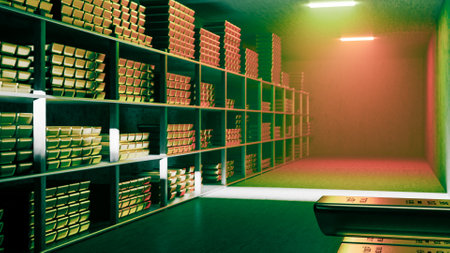 Generic gold reserve vault with stacks of gold bars. Bank vault with gold and cash. 3d renderingの写真素材