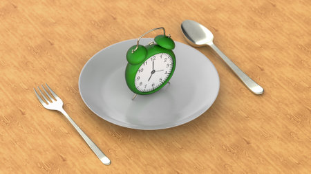 Starvation, diet concept. Food restriction and control eating. Empty plate vs alarm clock. 3d renderingの写真素材