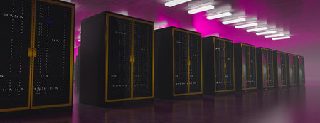 Server. Room servers data center. Backup, mining, hosting, mainframe, farm and computer rack with...