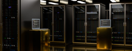 Server room. Server data center. Backup, mining, hosting, mainframe, farm and computer rack with...