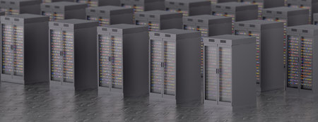 Server room. Server data center. Backup, mining, hosting, mainframe, farm and computer rack with...