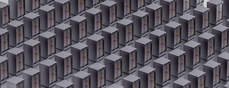 Server room. Server data center. Backup, mining, hosting, mainframe, farm and computer rack with...