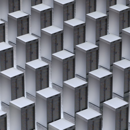 Server room. Server data center. Backup, mining, hosting, mainframe, farm and computer rack with storage information. 3d renderingの写真素材