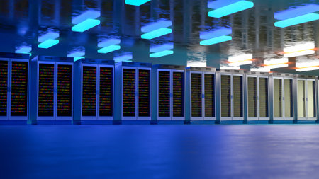 Server room. Server data center. Backup, mining, hosting, mainframe, farm and computer rack with...