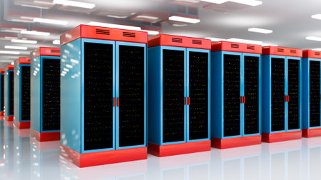 Servers. Servers room data center. Backup, mining, hosting, mainframe, farm and computer rack with...