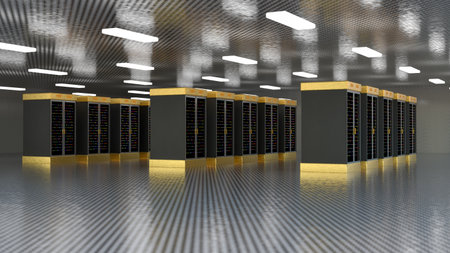 Servers. Servers room data center. Backup, mining, hosting, mainframe, farm and computer rack with...