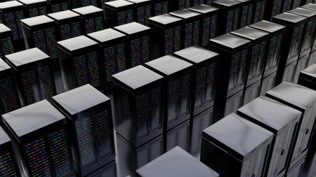 Server room data center. Backup, mining, hosting, mainframe, farm and computer rack with storage information. 3d renderの写真素材