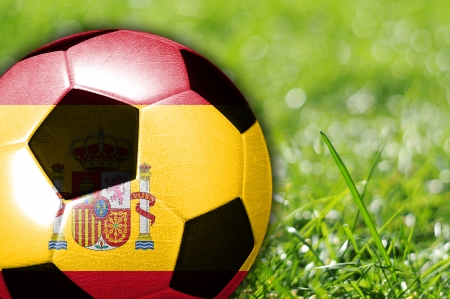 Soccer ball on grass with flag on Spain painted on itの写真素材