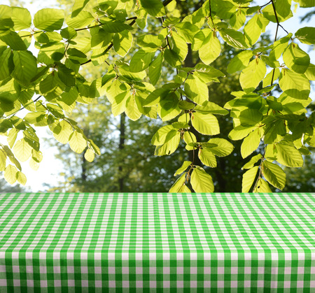 Empty checkered table with spring leaves in background
