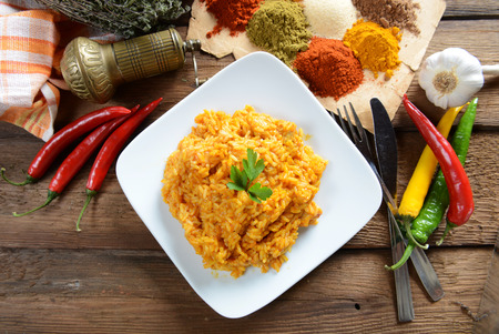 Traditional inia meal - rice tikka masala with chickenの写真素材