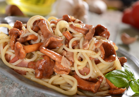 Spaghetti pasta with chanterellesの写真素材